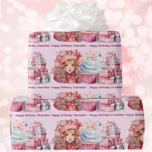 Happy Birthday Add Girl's Name Cute Pink Cupcake Wrapping Paper
