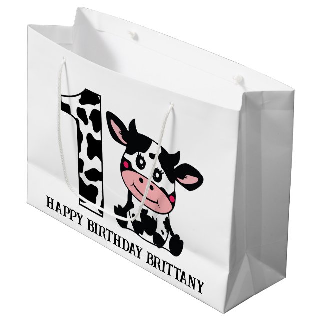 Happy Birthday add  name farm cow kids unisex Large Gift Bag (Front Angled)