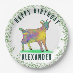 Happy Birthday add Name Goat and Foliage Paper Plate