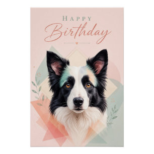 Happy Birthday Adorable Black White Dog Portrait Poster