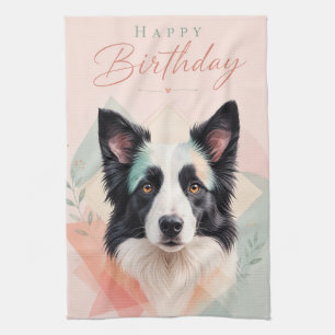 Happy Birthday Adorable Black White Dog Portrait Tea Towel