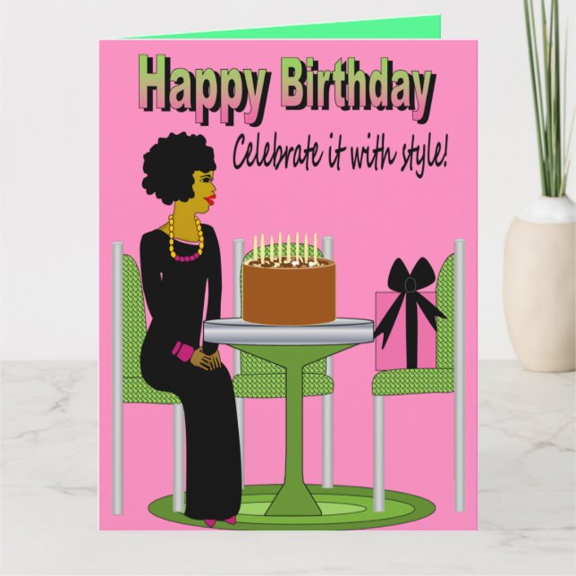 Happy Birthday African American Lady Birthday Cake Card (Front)