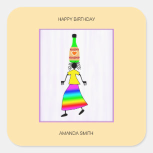 Happy Birthday, African Art Cute and Elegant Square Sticker