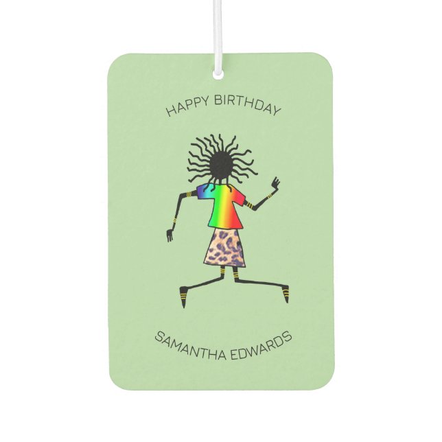 Happy Birthday, African Art Cute Happy Dancer  Car Air Freshener (Front)