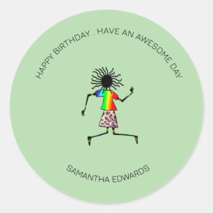 Happy Birthday, African Art Cute Happy Dancer Classic Round Sticker