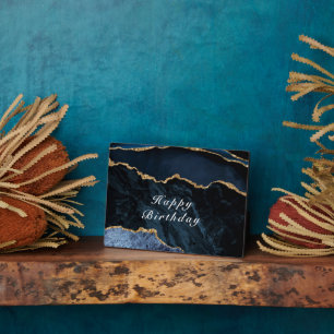 Happy Birthday - Agate Navy Blue Gold Gemstone Plaque
