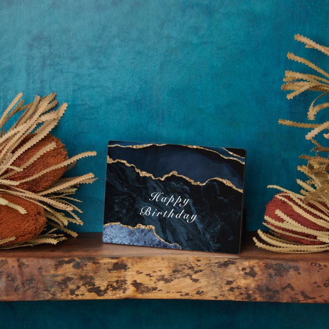 Happy Birthday - Agate Navy Blue Gold Gemstone Plaque (Side)