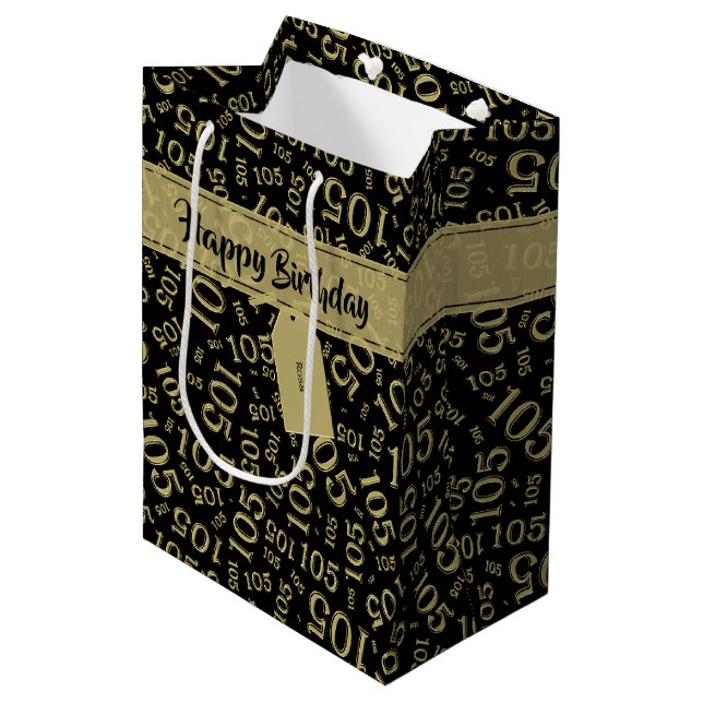 Happy Birthday Age 105 Number Pattern Black/Gold Medium Gift Bag (Front Angled)