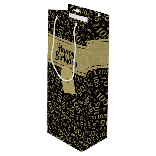 Happy Birthday Age 105 Number Pattern Black/Gold Wine Gift Bag (Front Angled)