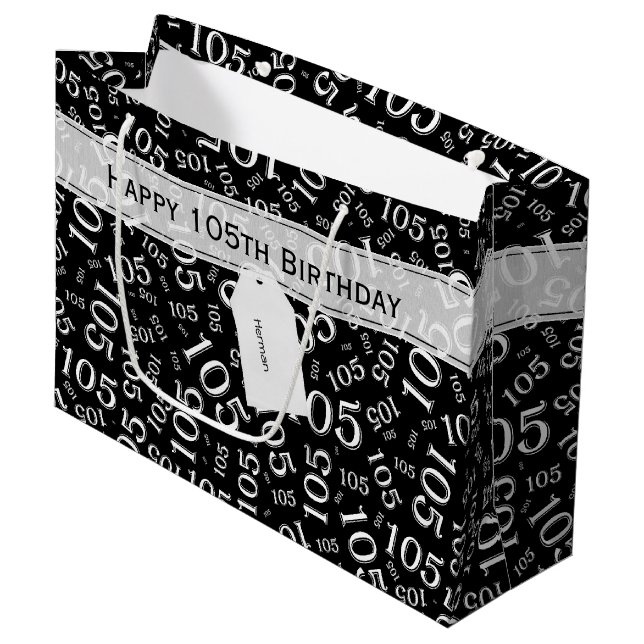 Happy Birthday Age 105 Number Pattern Black/White Large Gift Bag (Front Angled)