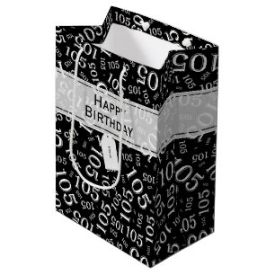 Happy Birthday Age 105 Number Pattern Black/White Medium Gift Bag