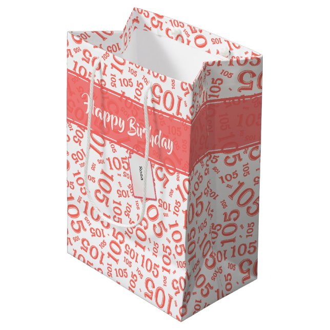 Happy Birthday Age 105 Number Pattern Coral/White Medium Gift Bag (Front Angled)