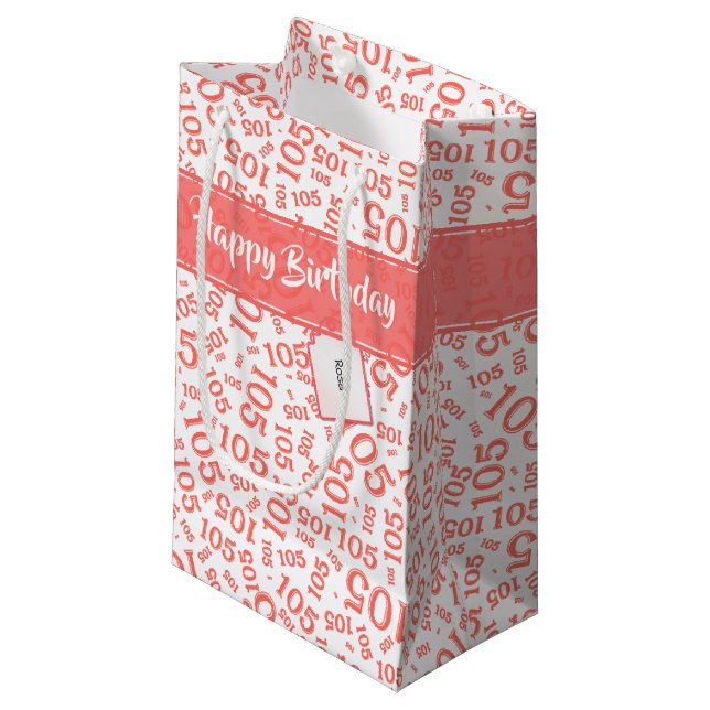 Happy Birthday Age 105 Number Pattern Coral/White Small Gift Bag (Front Angled)
