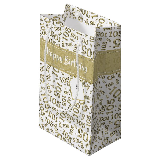Happy Birthday Age 105 Number Pattern Gold/White Small Gift Bag (Front Angled)