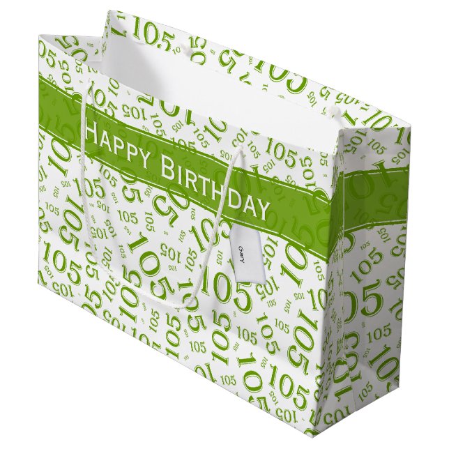 Happy Birthday Age 105 Number Pattern Green/White Large Gift Bag (Front Angled)