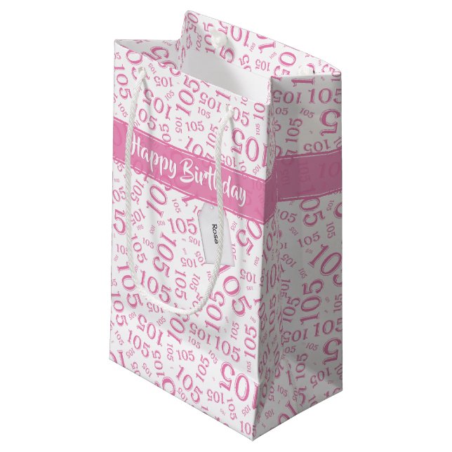 Happy Birthday Age 105 Number Pattern Pink/White Small Gift Bag (Front Angled)