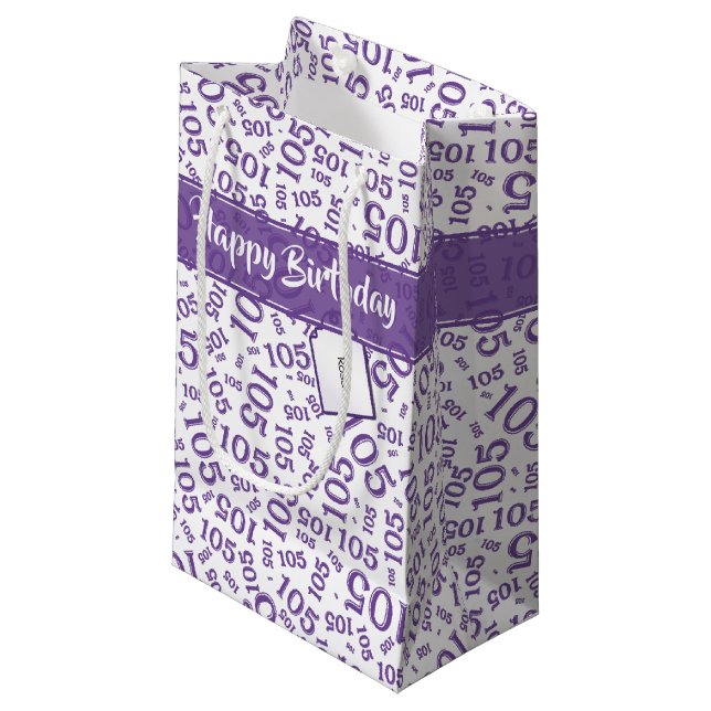 Happy Birthday Age 105 Number Pattern Purple/White Small Gift Bag (Front Angled)