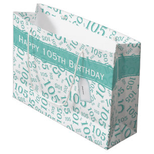 Happy Birthday Age 105 Number Pattern Teal/White Large Gift Bag