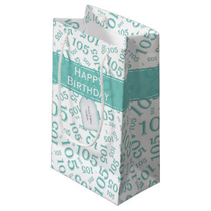 Happy Birthday Age 105 Number Pattern Teal/White Small Gift Bag