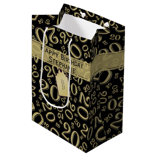 Happy Birthday Age 20 Number Pattern Black/Gold Medium Gift Bag (Front Angled)