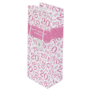 Happy Birthday Age 20 Number Pattern Pink/White Wine Gift Bag