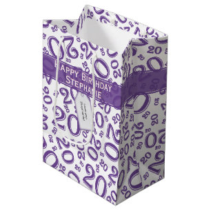Happy Birthday Age 20 Number Pattern Purple/White Medium Gift Bag