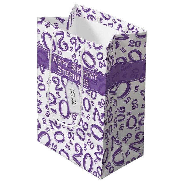 Happy Birthday Age 20 Number Pattern Purple/White Medium Gift Bag (Front Angled)