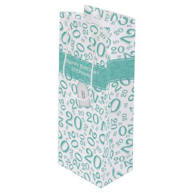 Happy Birthday Age 20 Number Pattern Teal/White Wine Gift Bag (Front Angled)