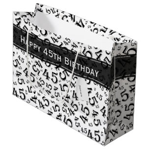 Happy Birthday Age 45 Number Pattern Black/White Large Gift Bag