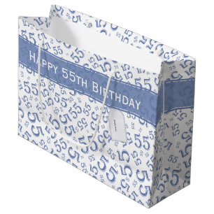 Happy Birthday Age 55 Number Pattern, Blue/White, Large Gift Bag