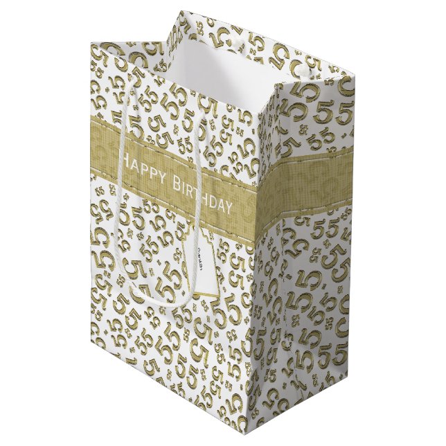 Happy Birthday Age 55 Number Pattern Gold/White Medium Gift Bag (Front Angled)