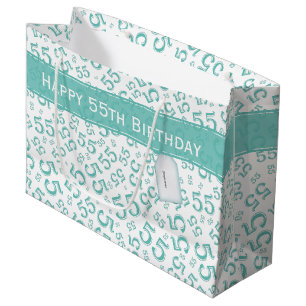 Happy Birthday Age 55 Number Pattern Teal/White Large Gift Bag