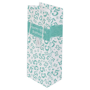 Happy Birthday Age 55 Number Pattern Teal/White Wine Gift Bag