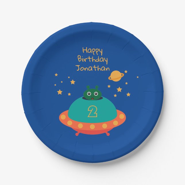 Happy Birthday Alien Spaceship With Name And Age Paper Plate (Front)