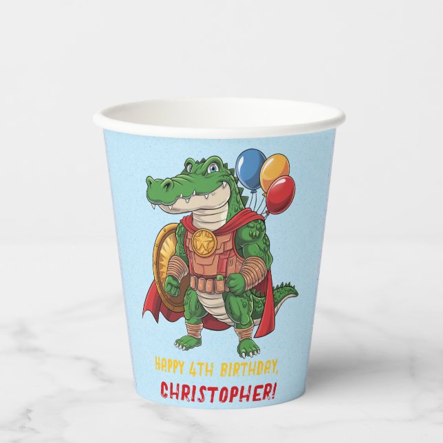 Happy Birthday Alligator Superhero Birthday Party Paper Cups (Front)