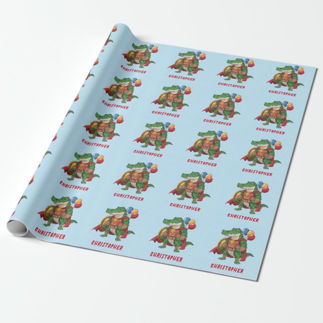 Happy Birthday Alligator Superhero Birthday Party Wrapping Paper (Unrolled)