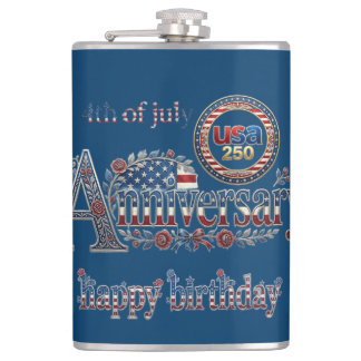 Happy Birthday America 250 USA 4th July Navy Blue  Hip Flask