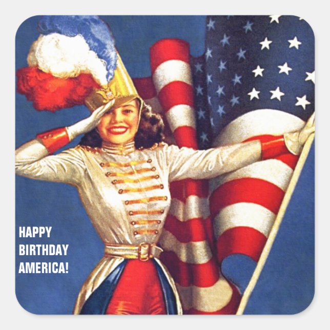 Happy Birthday, America. 4th of July Retro Pin-up Square Sticker (Front)