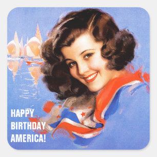 Happy Birthday, America. 4th of July Retro Pin-up Square Sticker