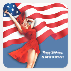 Happy Birthday, America. Retro Pin-up  Square Sticker