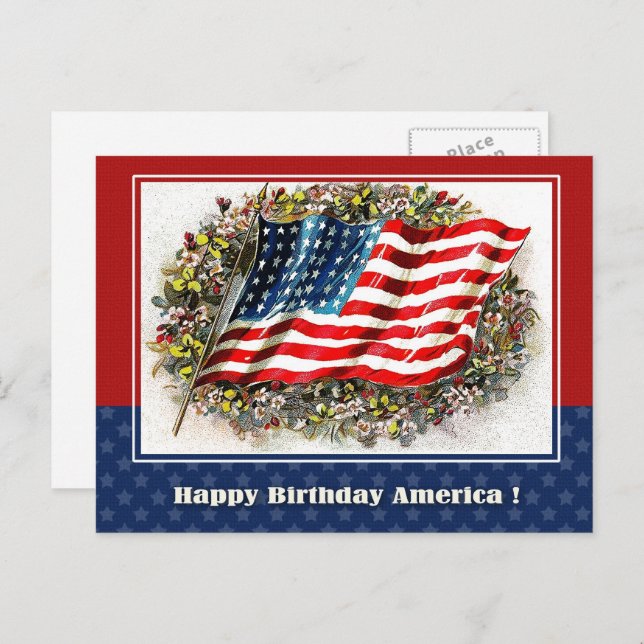 Happy Birthday, America. Vintage USA Flag Postcard (Front/Back)