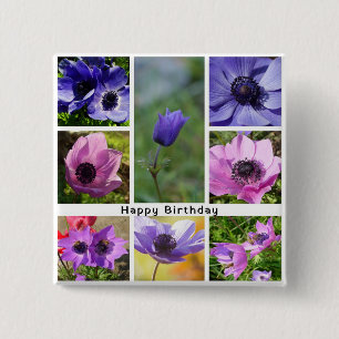 Happy Birthday Anemone Photo Collage 15 Cm Square Badge