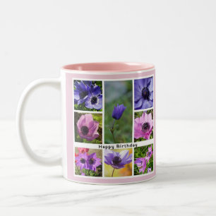 Happy Birthday Anemone Photo Collage Two-Tone Coffee Mug