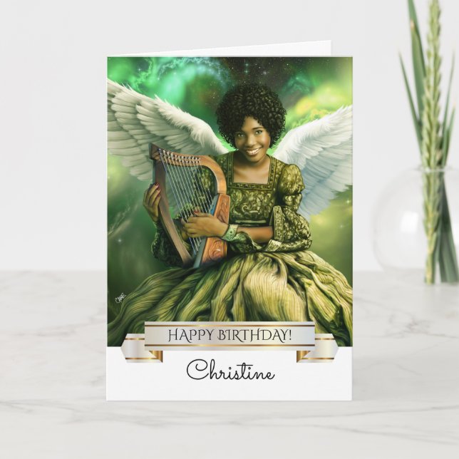 Happy Birthday. Angel with Harp, Custom Name  Card (Front)