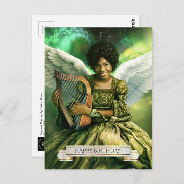 Happy Birthday. Angel with Harp Postcard (Front/Back)