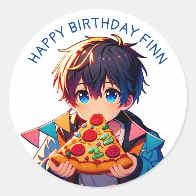 Happy Birthday | Anime Boy's Pizza Party Classic Round Sticker (Front)