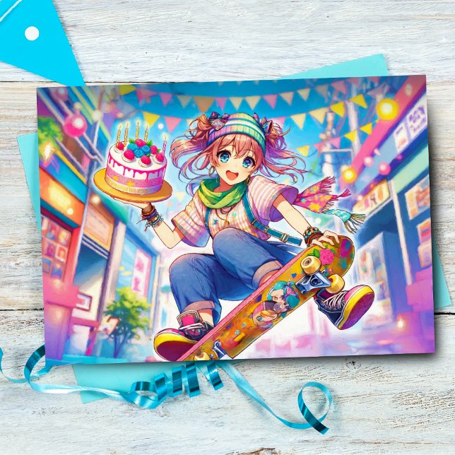 Happy Birthday Anime Girl On Skateboard Card (A anime birthday with skateboard girl! )