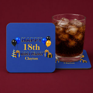 Happy Birthday Any Age Blue Square Paper Coaster
