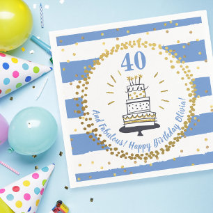 Happy Birthday Any Age Blue White and Gold Glitter Napkin