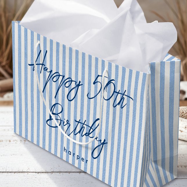 Happy Birthday Any Age Custom Name Striped Blue Large Gift Bag (Creator Uploaded)